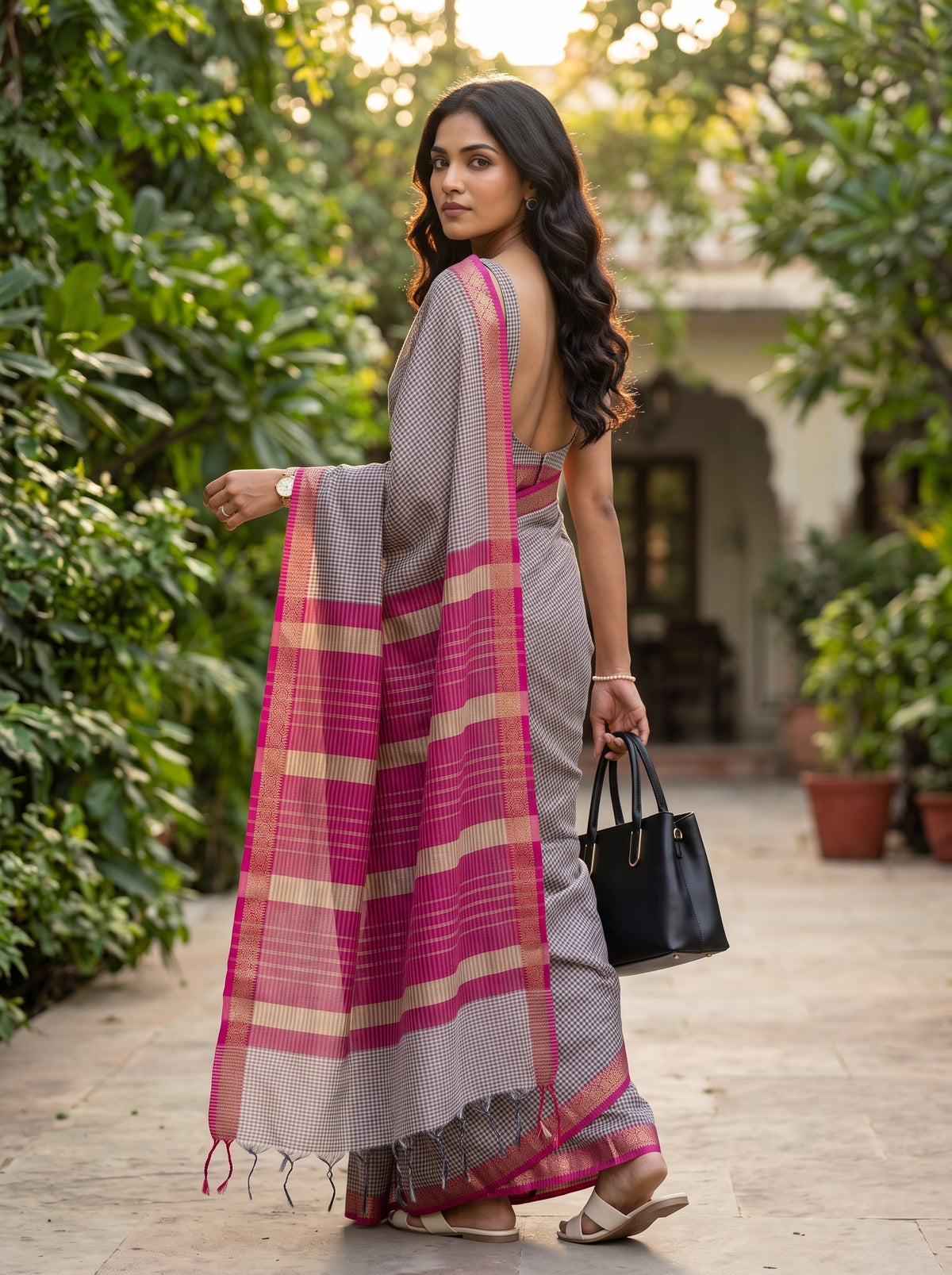 MIMOSA Maroon Maheshwari Cotton Cotton Saree — pose 7 styling detail