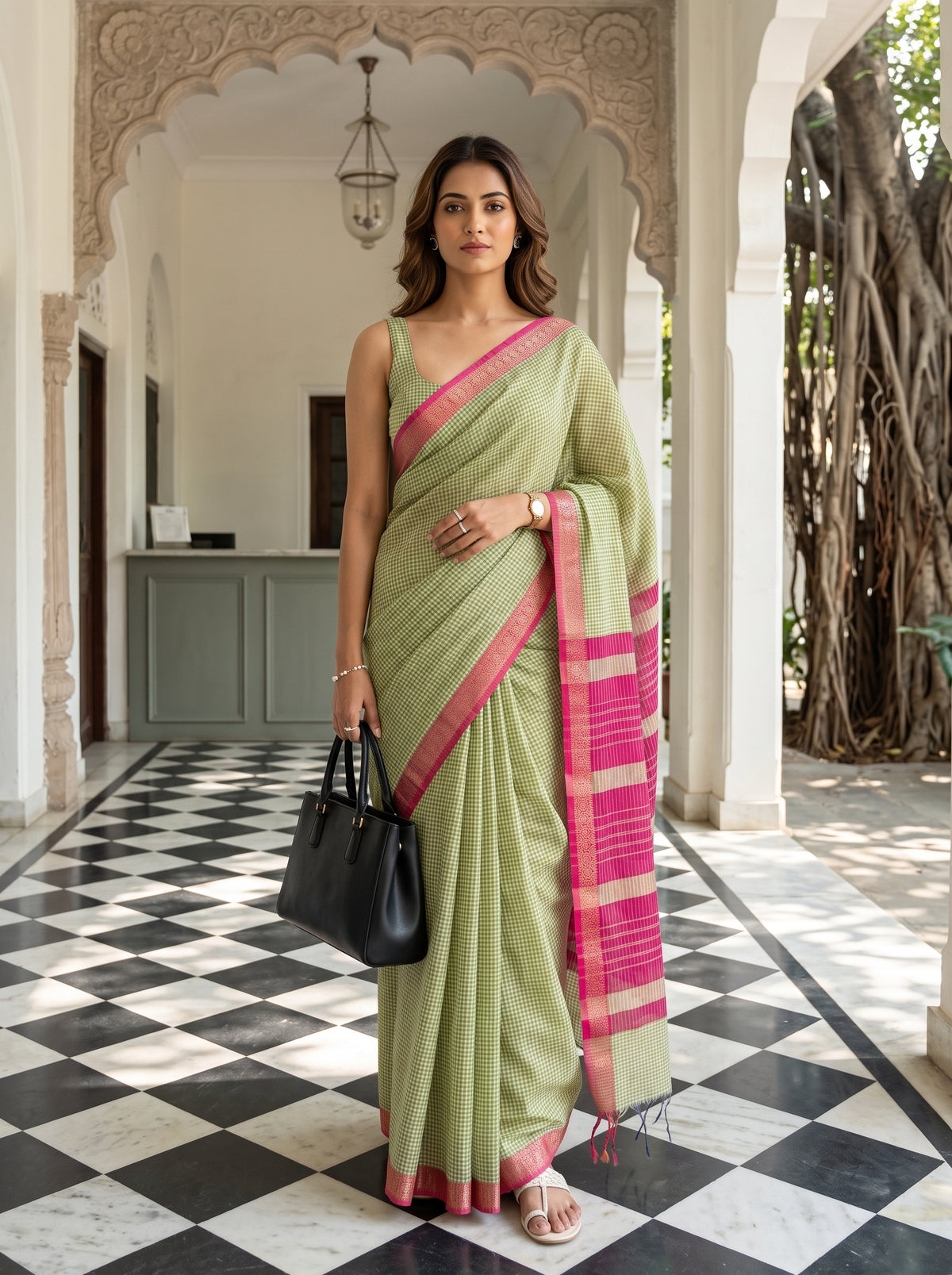 MIMOSA Olive Maheshwari Cotton Cotton Saree — AI Model lifestyle pose
