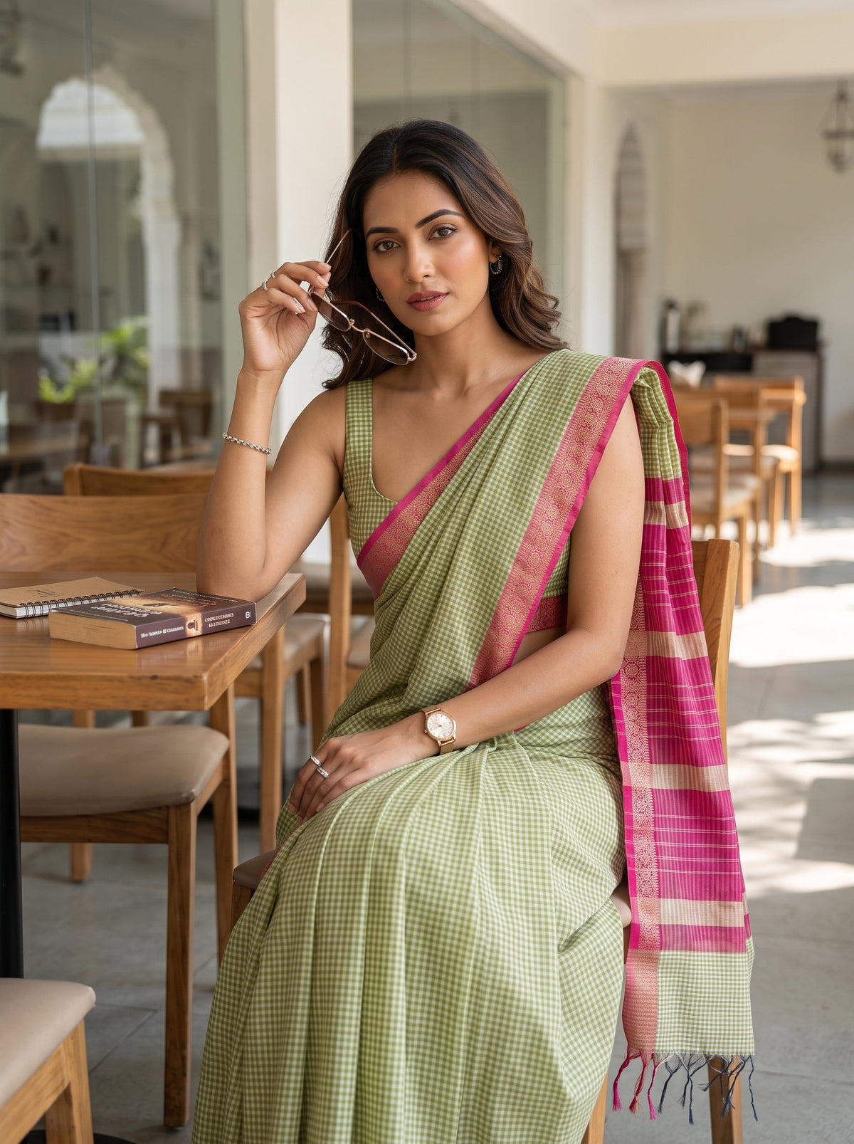 MIMOSA Olive Maheshwari Cotton Cotton Saree — pose 10 styling detail