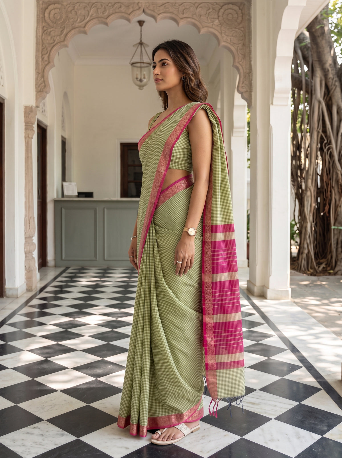 MIMOSA Olive Maheshwari Cotton Cotton Saree — pose 3 styling detail