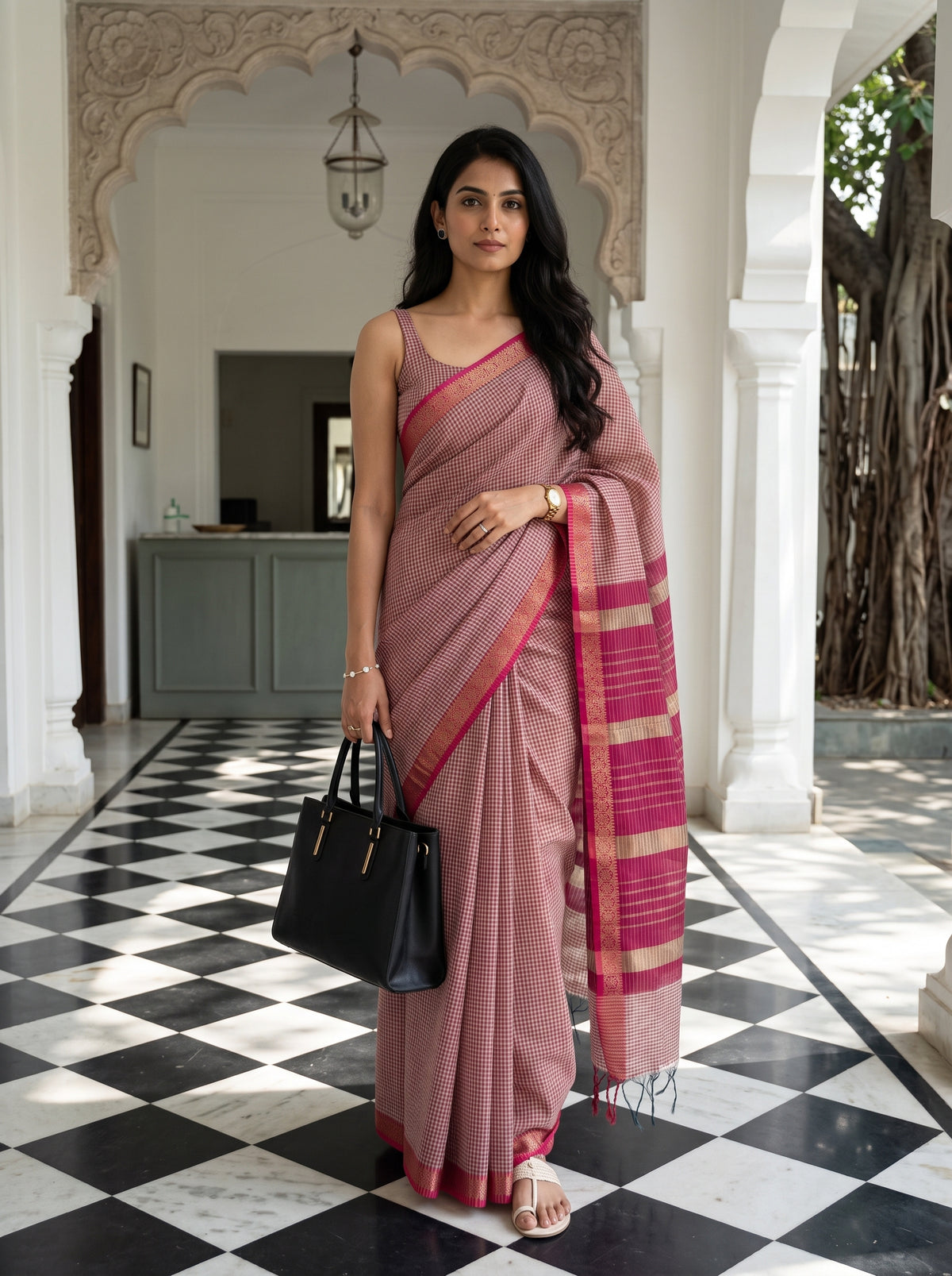 MIMOSA Orange Maheshwari Cotton Cotton Saree — AI Model lifestyle pose