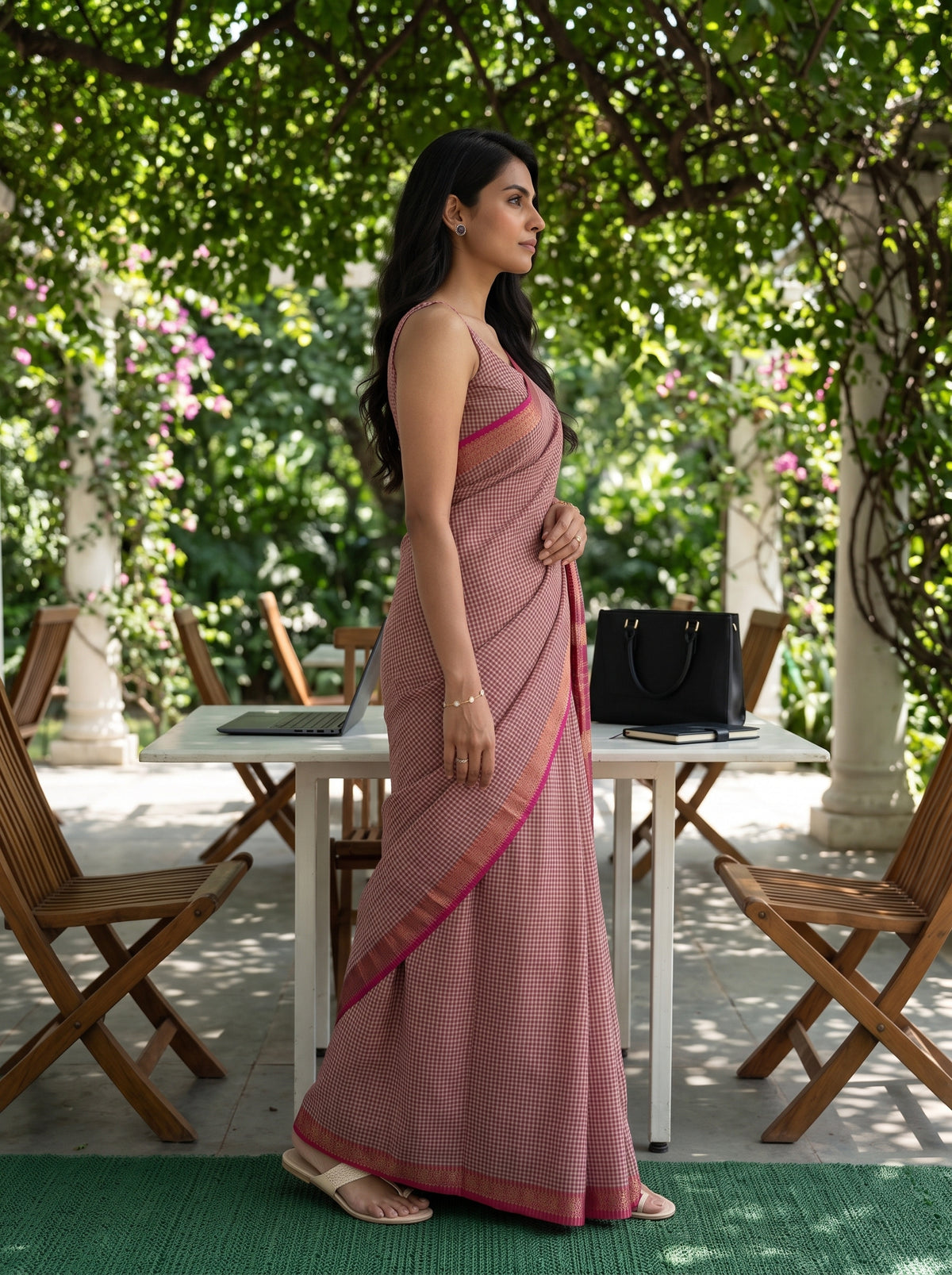 MIMOSA Orange Maheshwari Cotton Cotton Saree — pose 3 styling detail