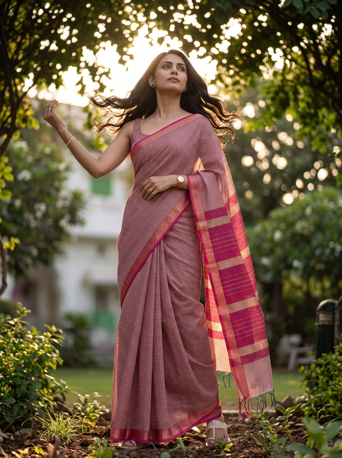 MIMOSA Orange Maheshwari Cotton Cotton Saree — pose 5 styling detail