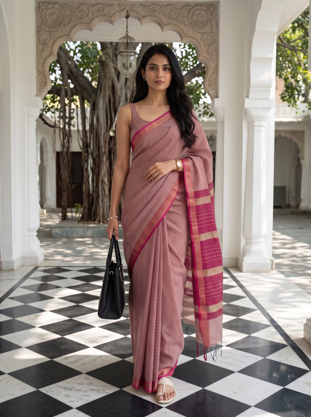MIMOSA Orange Maheshwari Cotton Cotton Saree — pose 6 styling detail