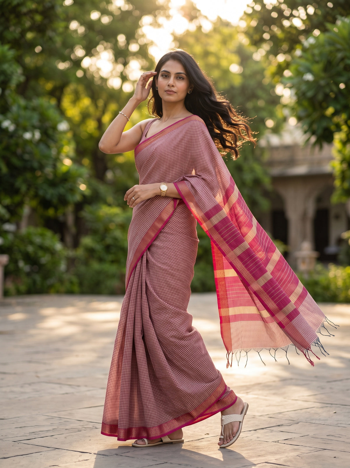 MIMOSA Orange Maheshwari Cotton Cotton Saree — pose 9 styling detail