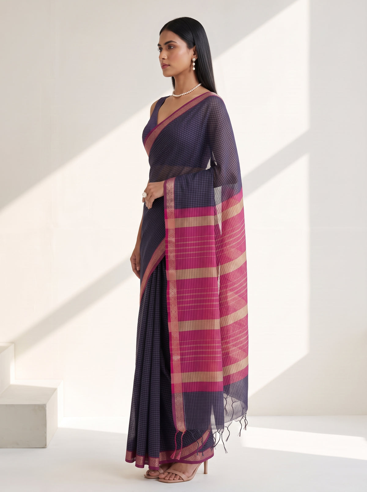MIMOSA Jamun Maheshwari Cotton Cotton Saree — pose 3 styling detail