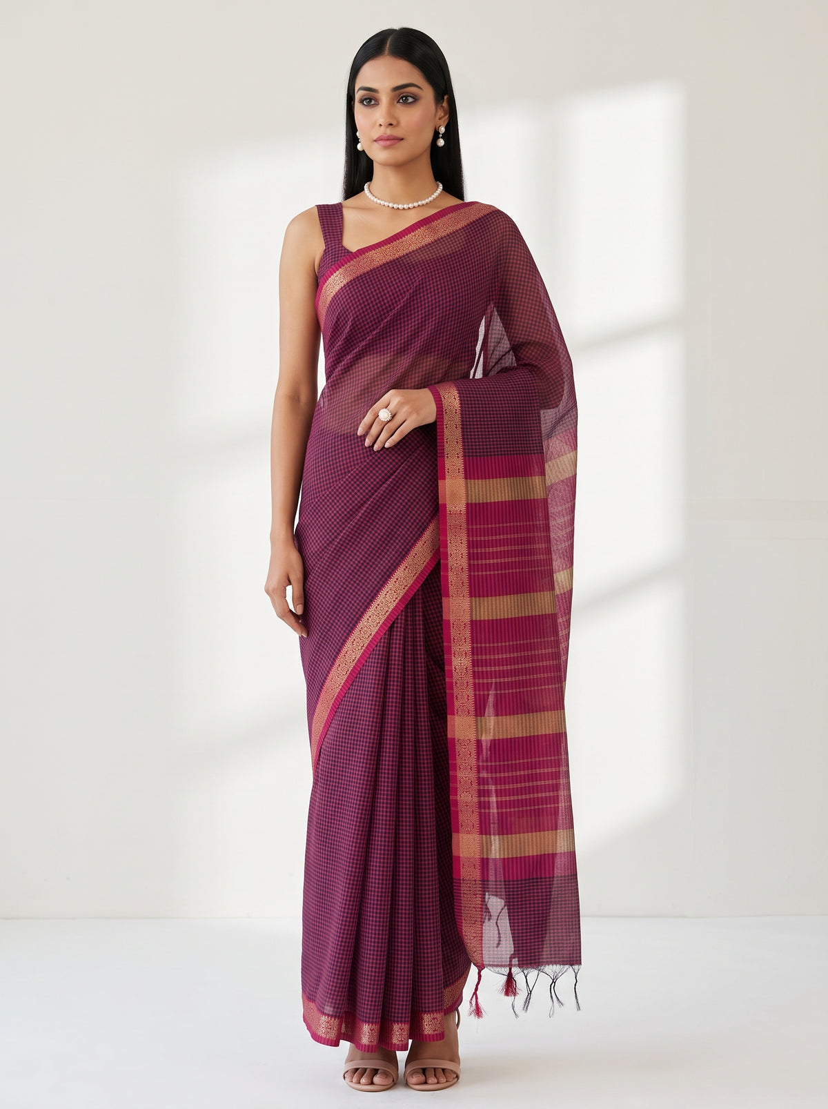 MIMOSA Rani Maheshwari Cotton Cotton Saree — AI Model lifestyle pose