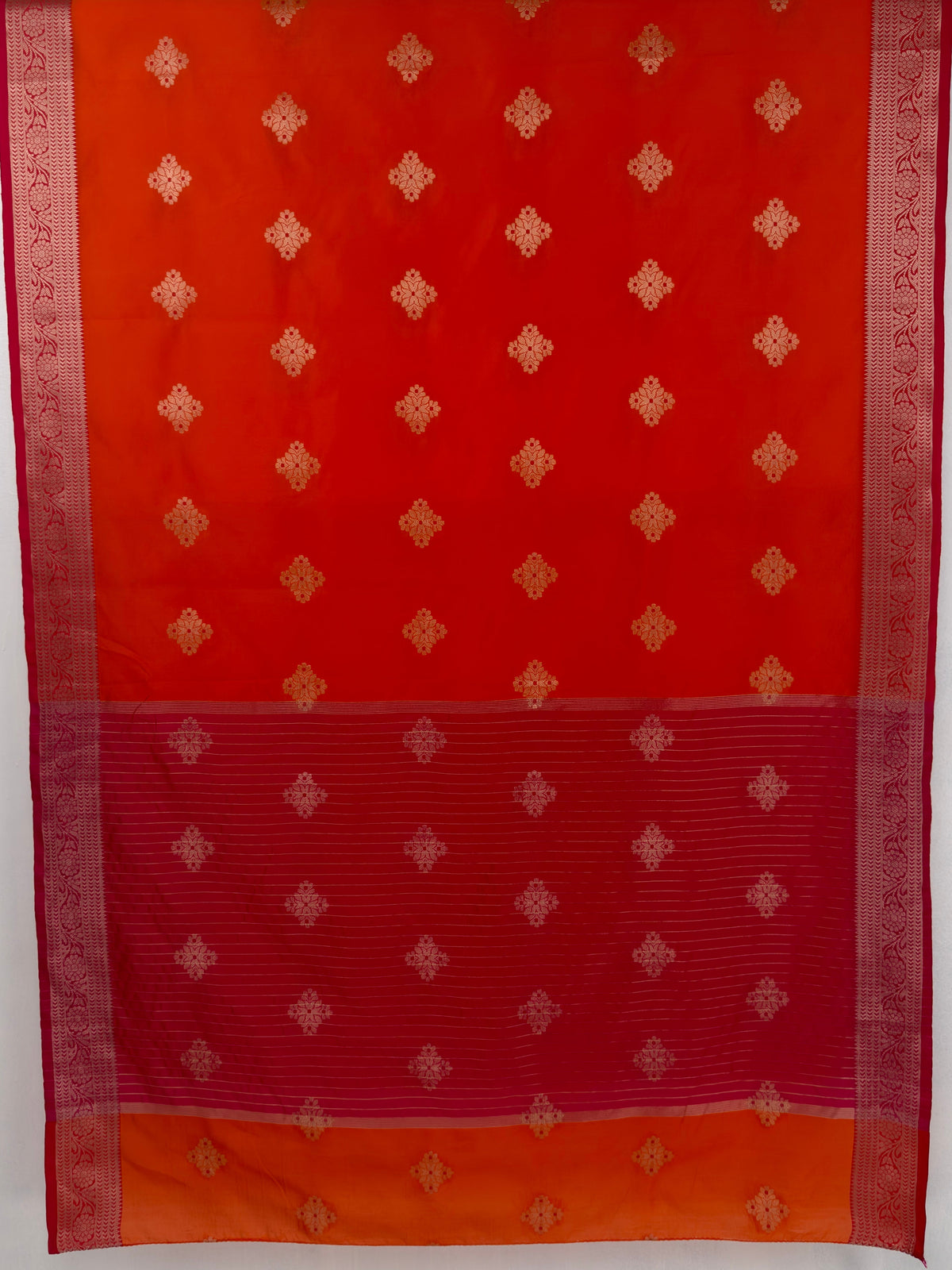 MIMOSA Orange Maheshwari Cotton Cotton Saree — pallu and zari work detail