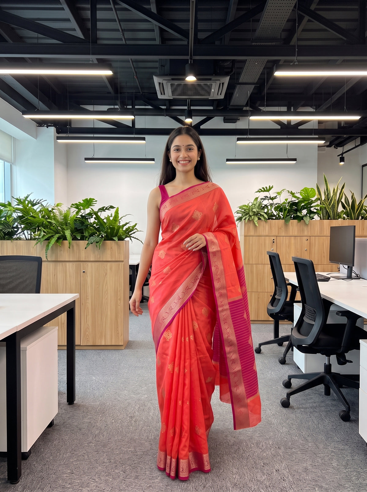 MIMOSA Peach Maheshwari Cotton Cotton Saree — pose 6 styling detail