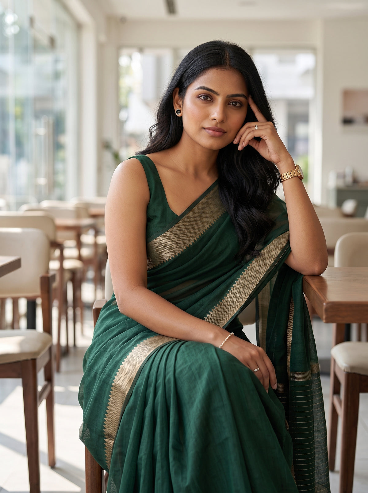 MIMOSA Bottle Green Maheshwari Cotton Saree — pose 10 styling detail