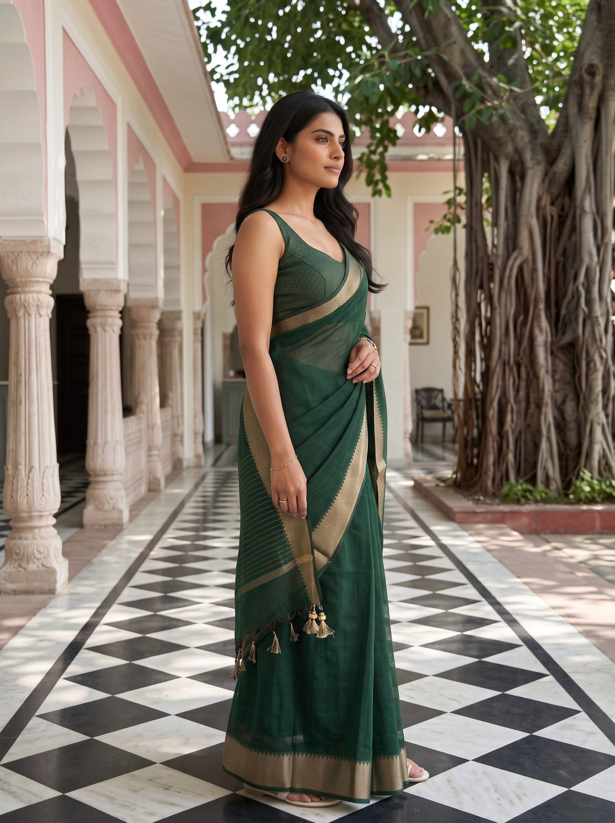 MIMOSA Bottle Green Maheshwari Cotton Saree — pose 3 styling detail