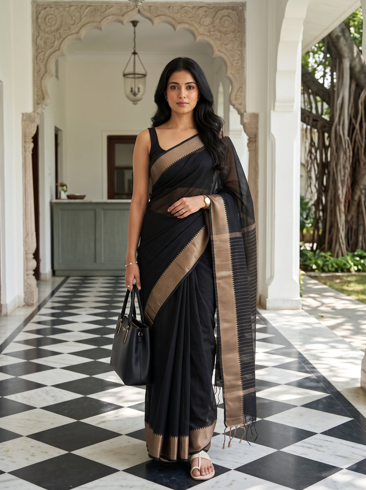 MIMOSA Black Maheshwari Cotton Cotton Saree — AI Model lifestyle pose