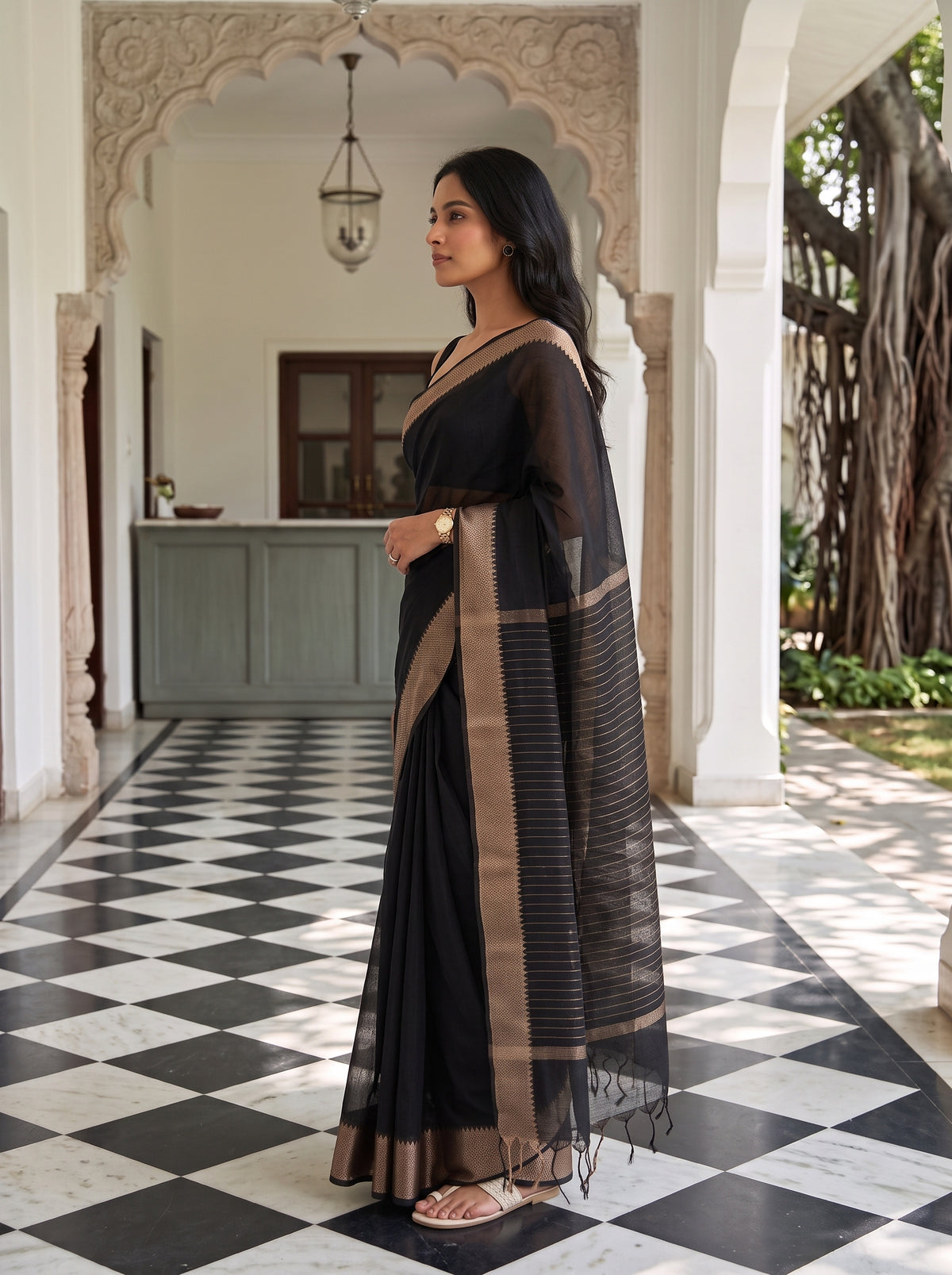 MIMOSA Black Maheshwari Cotton Saree — pose 3 styling detail