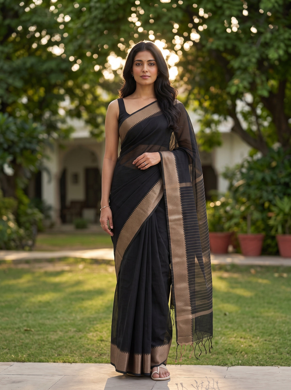 MIMOSA Black Maheshwari Cotton Saree — pose 7 styling detail