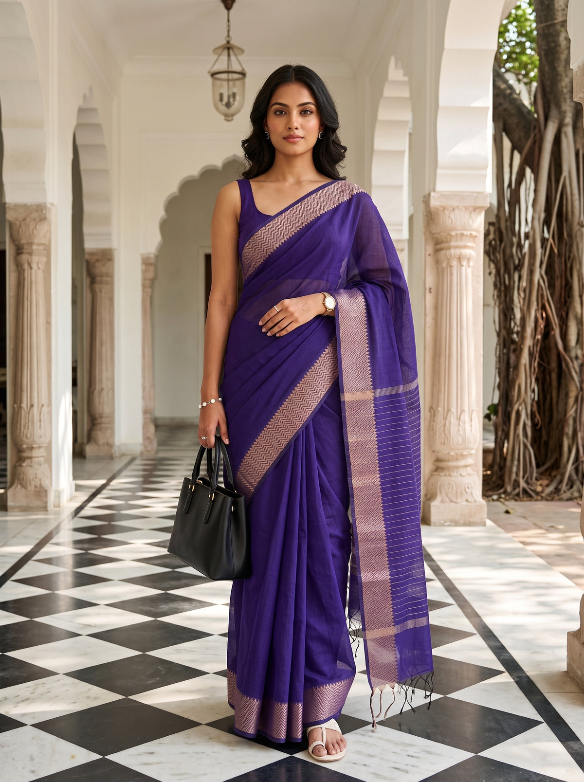 MIMOSA Jamun Maheshwari Cotton Cotton Saree — AI Model lifestyle pose