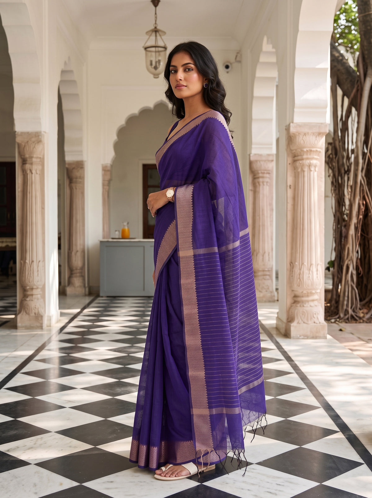MIMOSA Jamun Maheshwari Cotton Saree — pose 3 styling detail