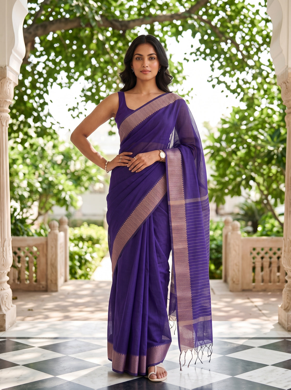 MIMOSA Jamun Maheshwari Cotton Saree — pose 4 styling detail