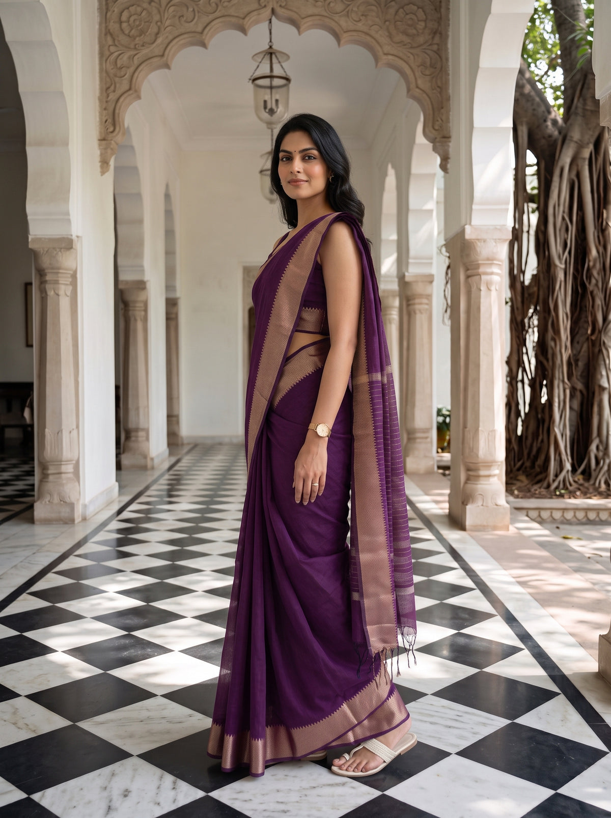 MIMOSA Magenta Maheshwari Cotton Saree — pose 3 styling detail