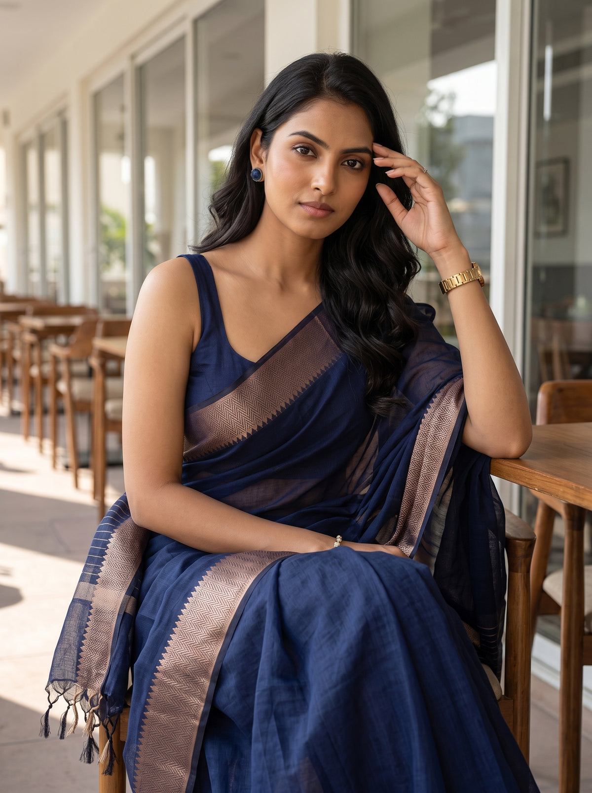 MIMOSA Navy Maheshwari Cotton Saree — pose 10 styling detail