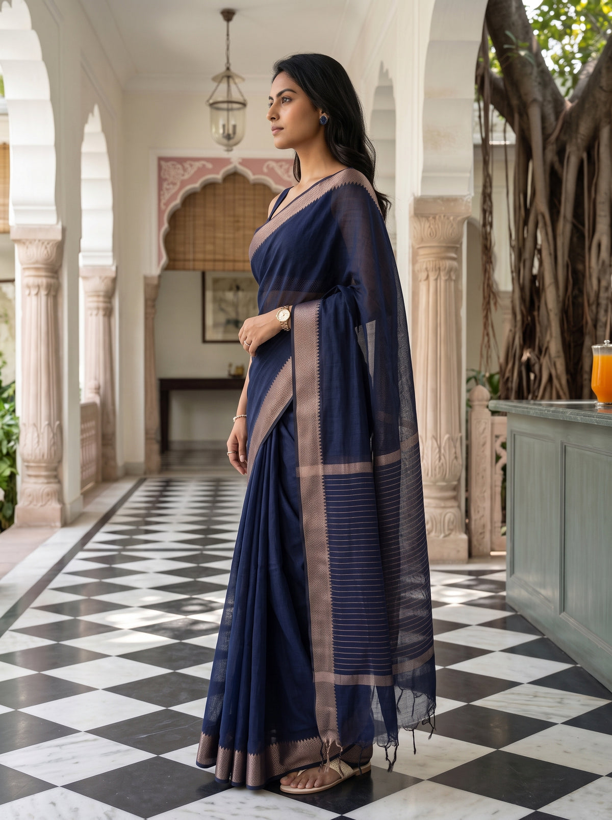 MIMOSA Navy Maheshwari Cotton Saree — pose 3 styling detail