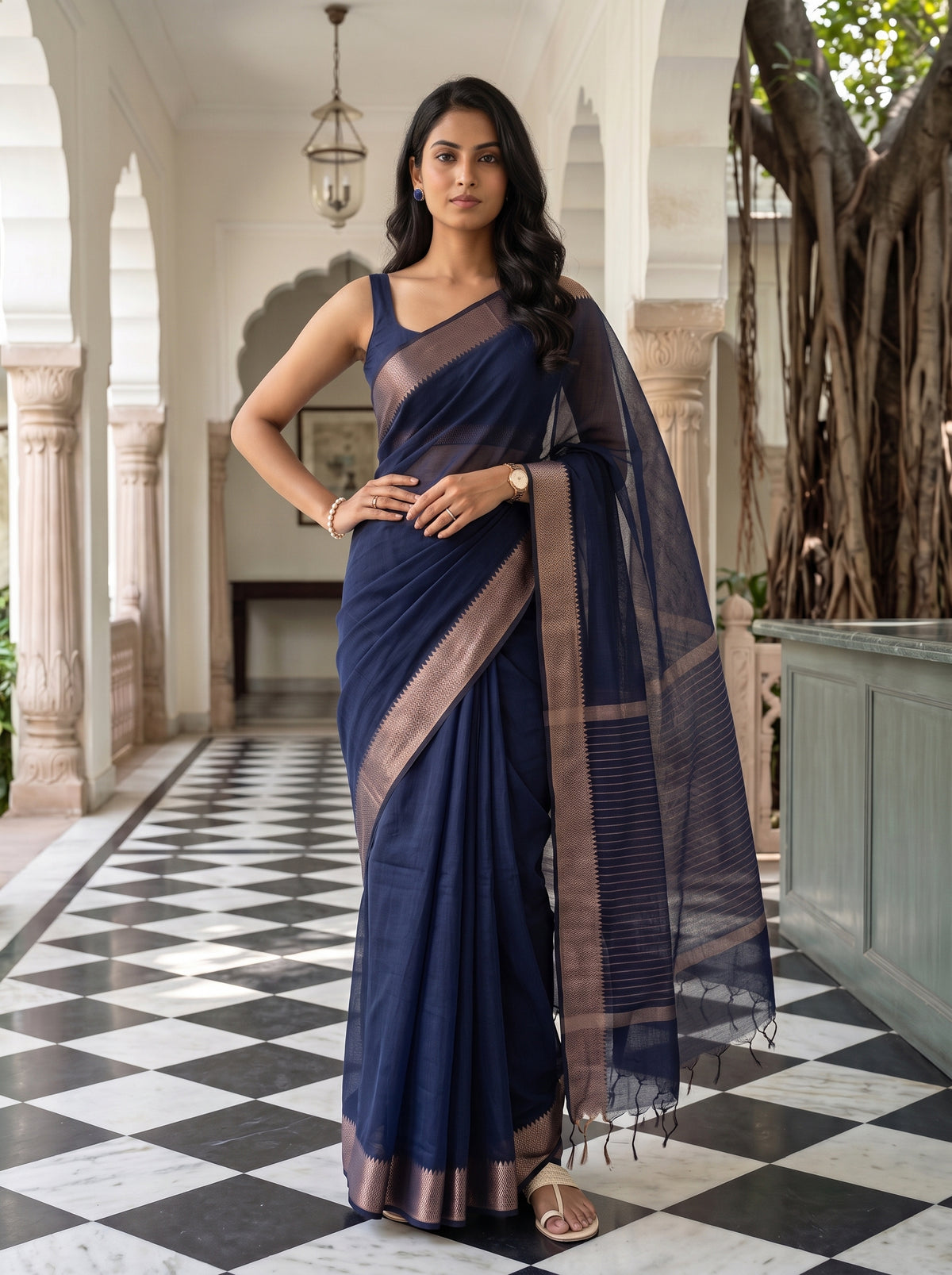 MIMOSA Navy Maheshwari Cotton Saree — pose 4 styling detail