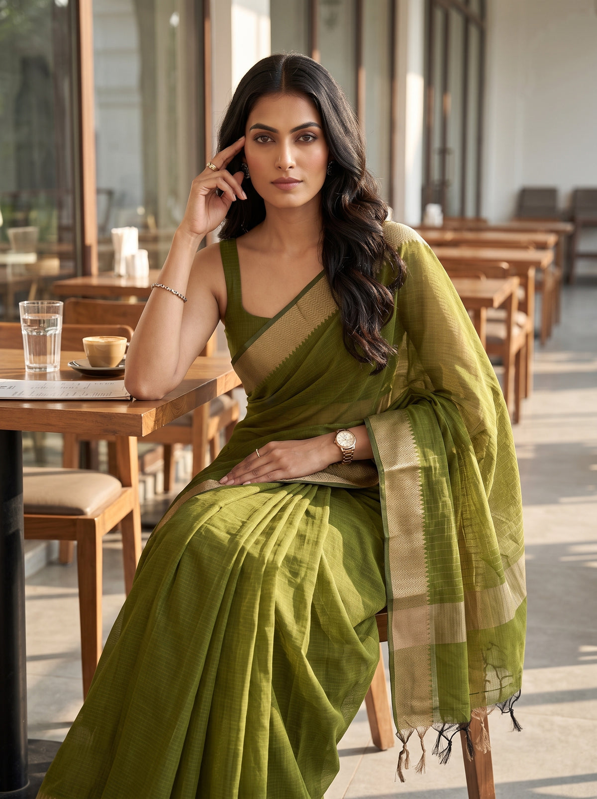 MIMOSA Olive Maheshwari Cotton Saree — pose 10 styling detail