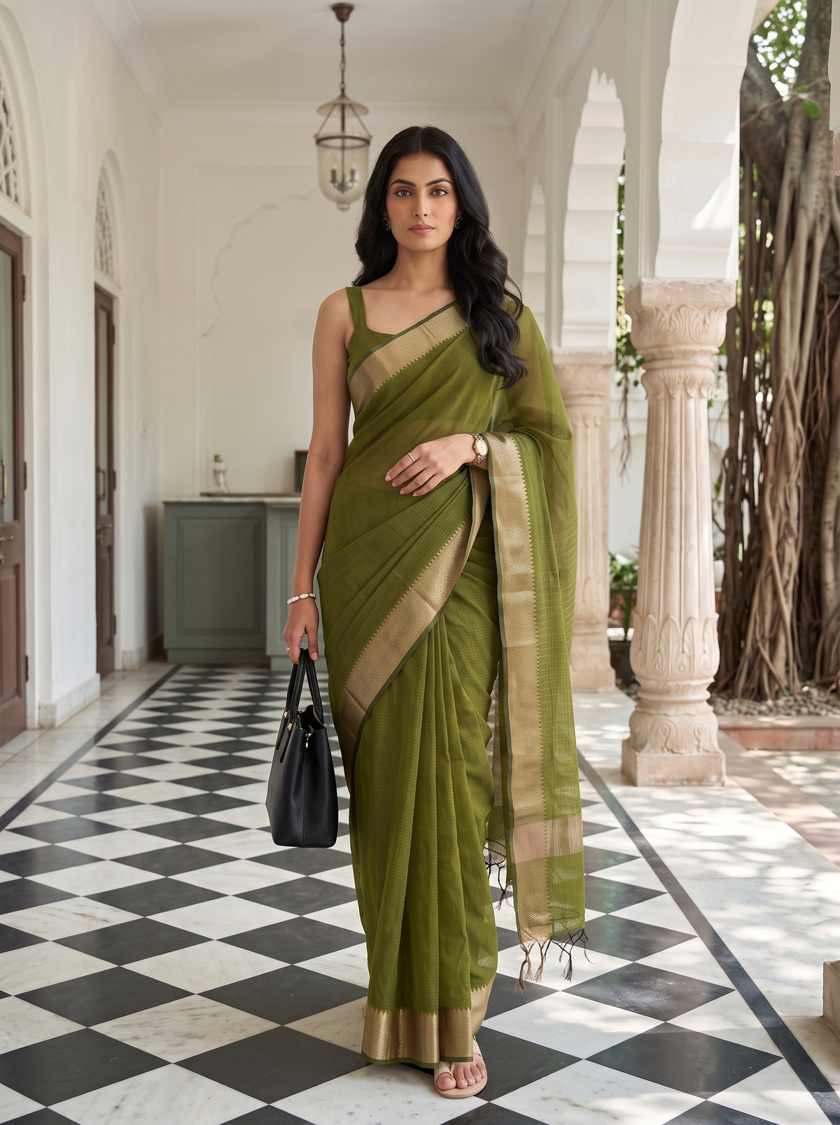MIMOSA Olive Maheshwari Cotton Saree — pose 6 styling detail