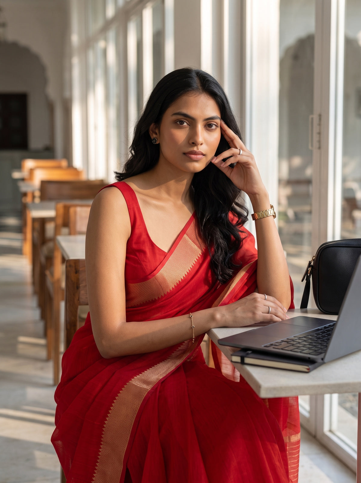 MIMOSA Red Maheshwari Cotton Saree — pose 10 styling detail