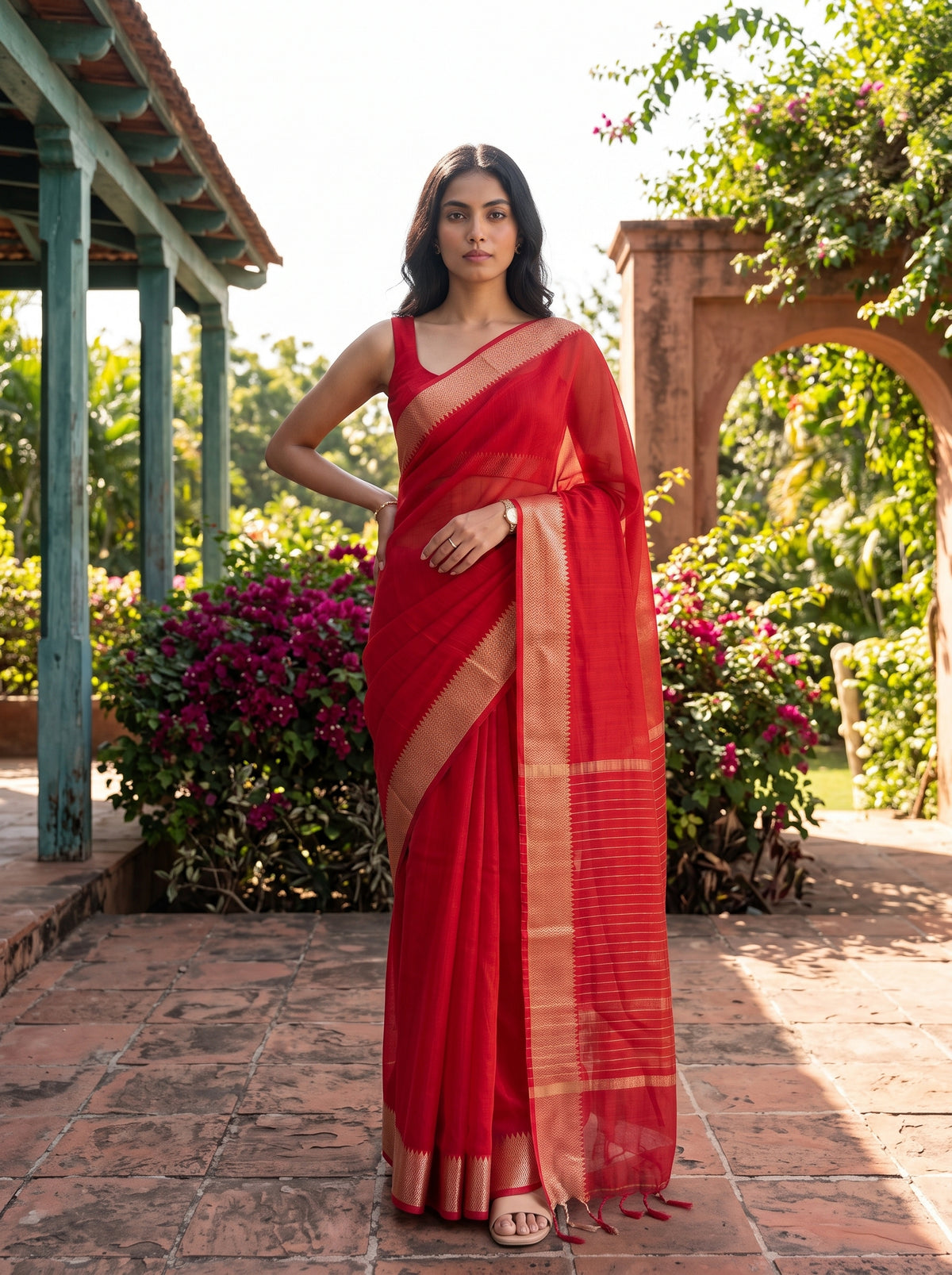 MIMOSA Red Maheshwari Cotton Saree — pose 4 styling detail