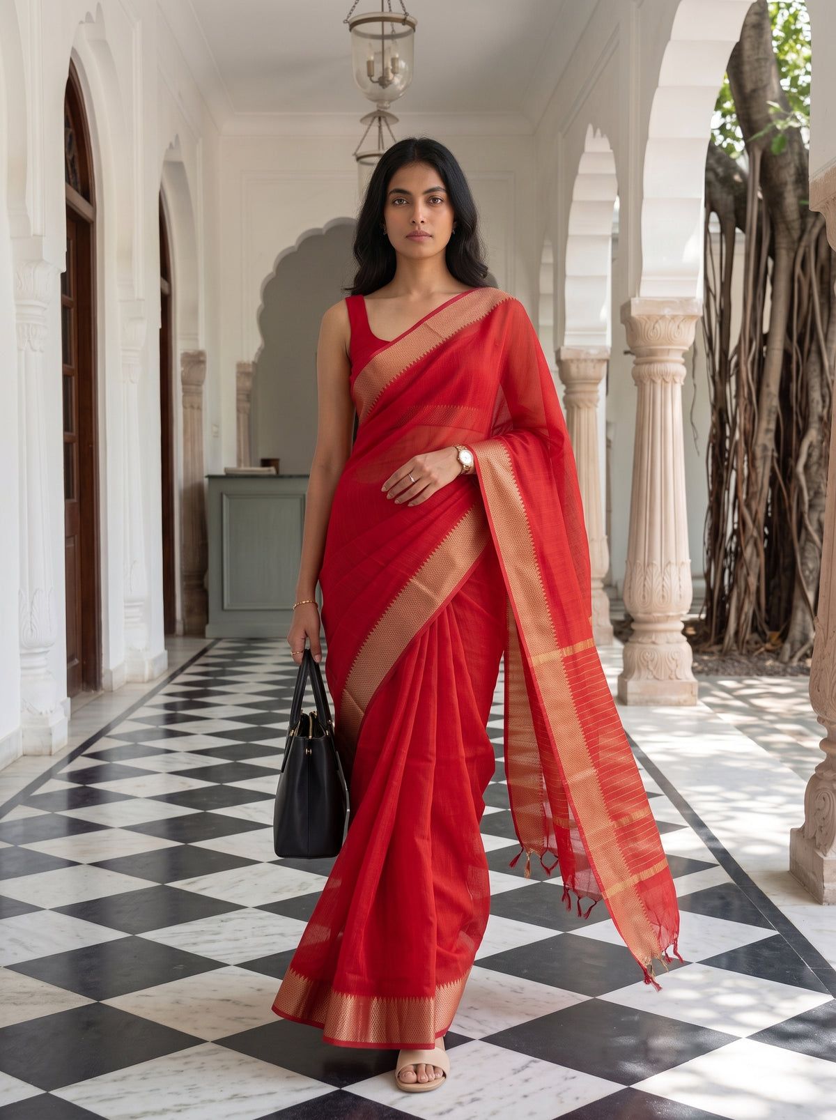 MIMOSA Red Maheshwari Cotton Saree — pose 6 styling detail