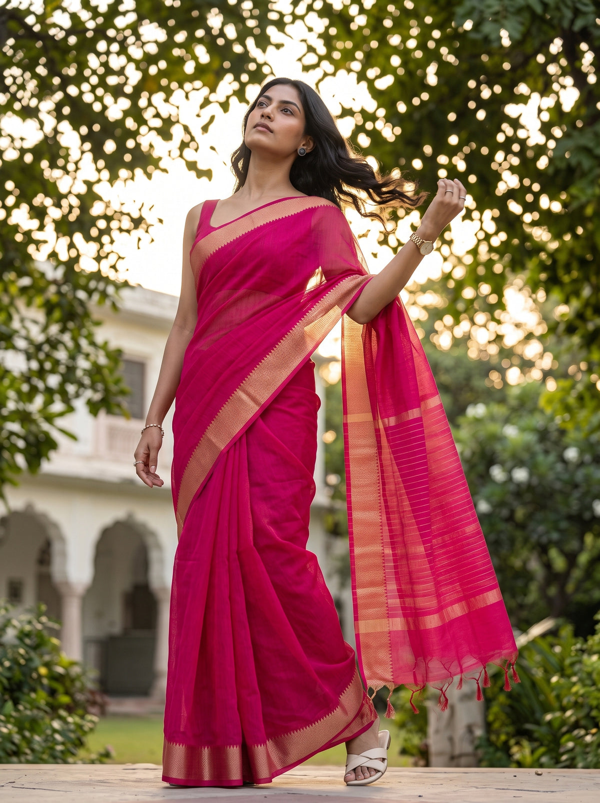 MIMOSA Strawberry Maheshwari Cotton Saree — pose 5 styling detail