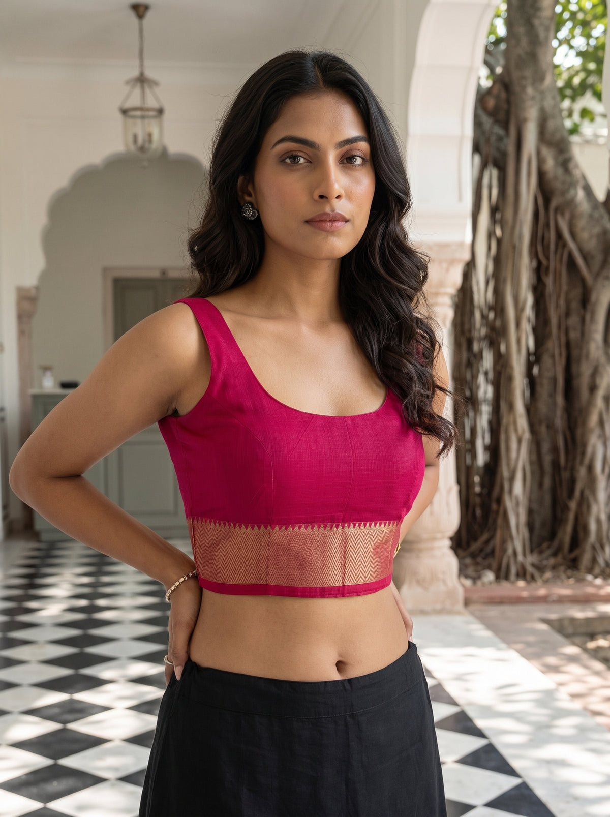 MIMOSA Strawberry Maheshwari Cotton Saree — blouse close-up