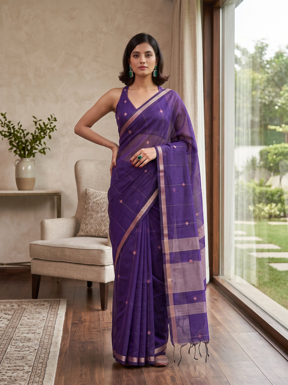 MIMOSA Jamun Maheshwari Cotton Cotton Saree — pose 4 styling detail
