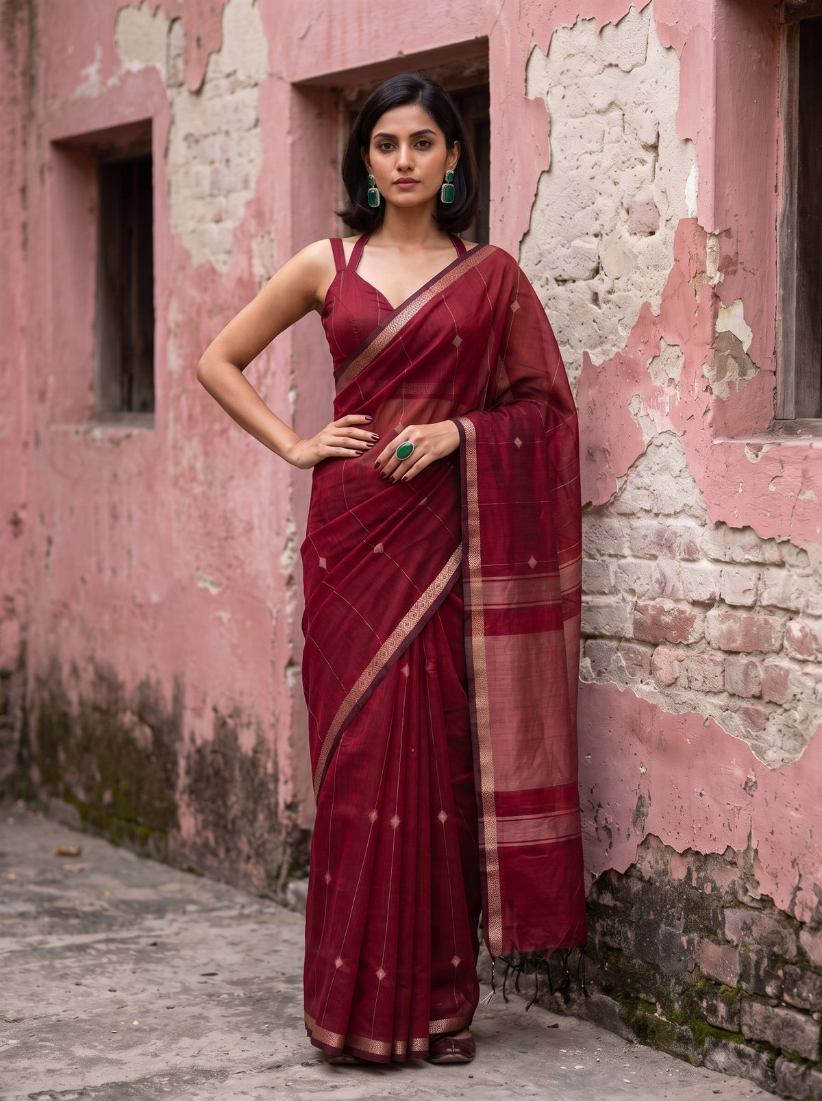 MIMOSA Maroon Maheshwari Cotton Cotton Saree — pose 4 styling detail