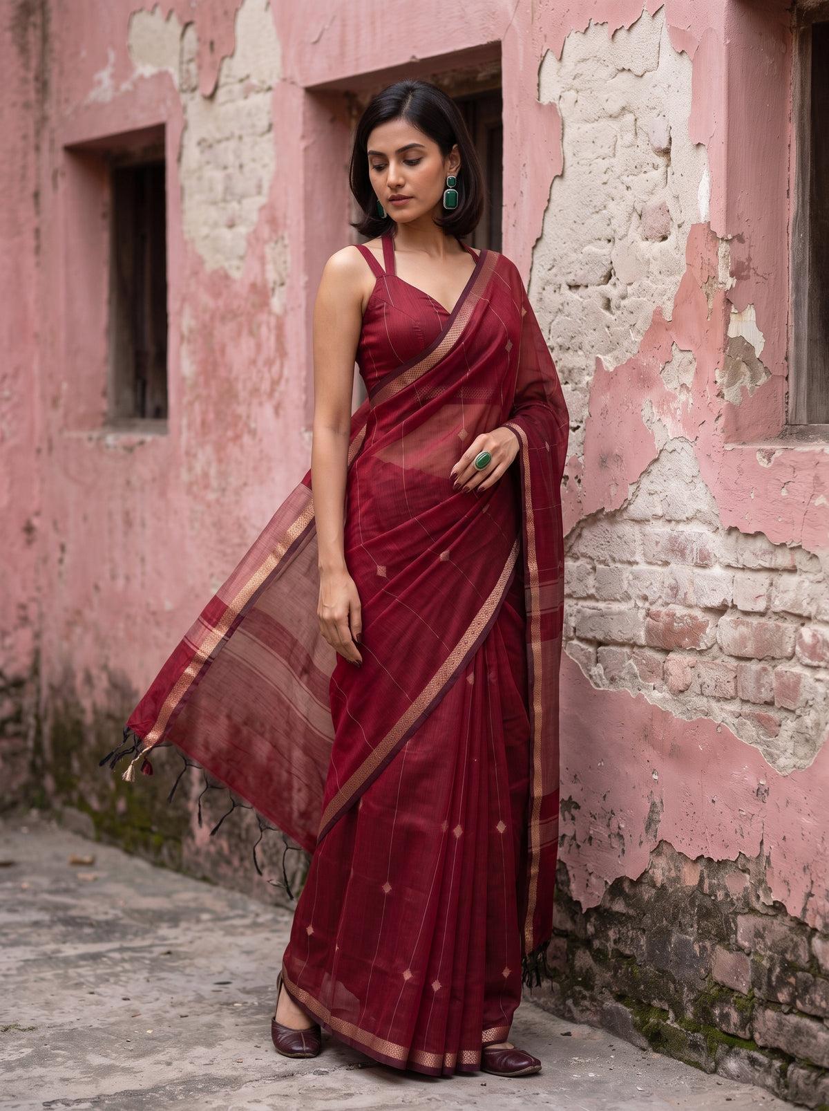 MIMOSA Maroon Maheshwari Cotton Cotton Saree — pose 9 styling detail