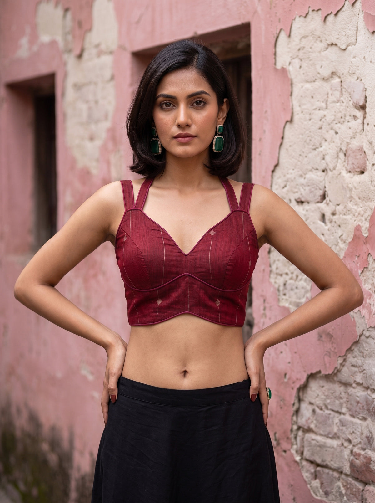 MIMOSA Maroon Maheshwari Cotton Cotton Saree — blouse close-up