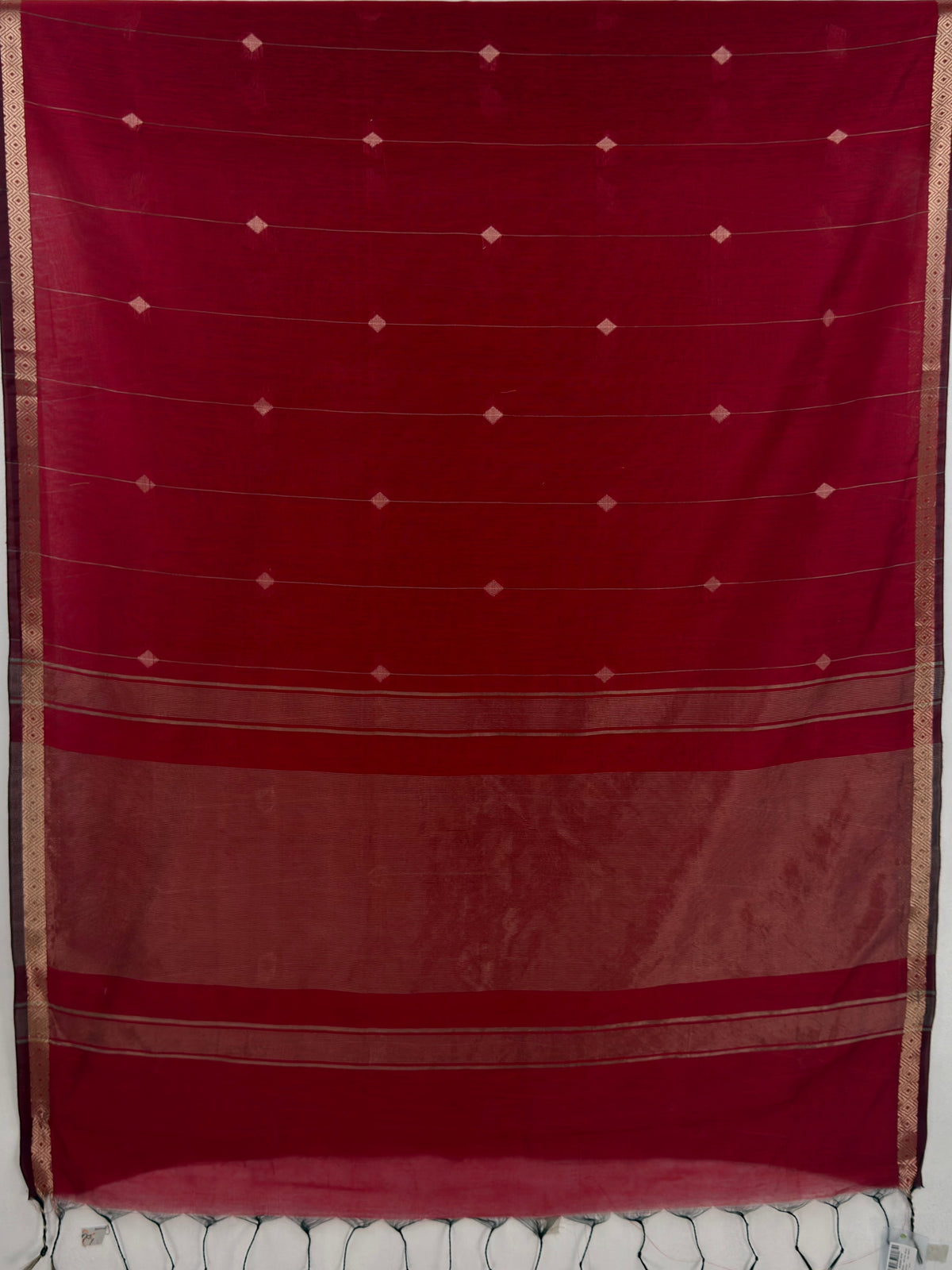 MIMOSA Maroon Maheshwari Cotton Cotton Saree — pallu and zari work detail
