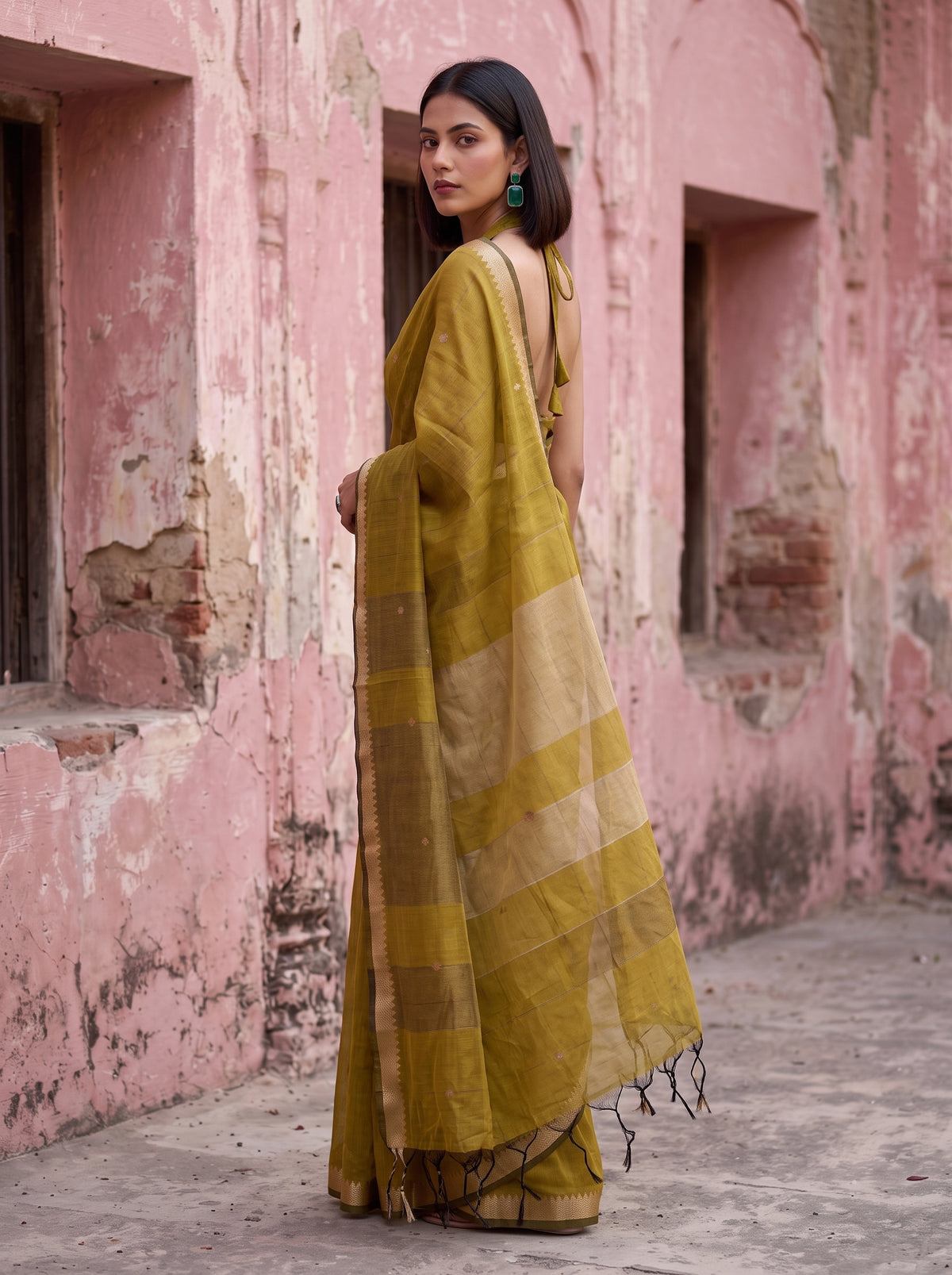 MIMOSA Mustard Maheshwari Cotton Cotton Saree — pose 7 styling detail