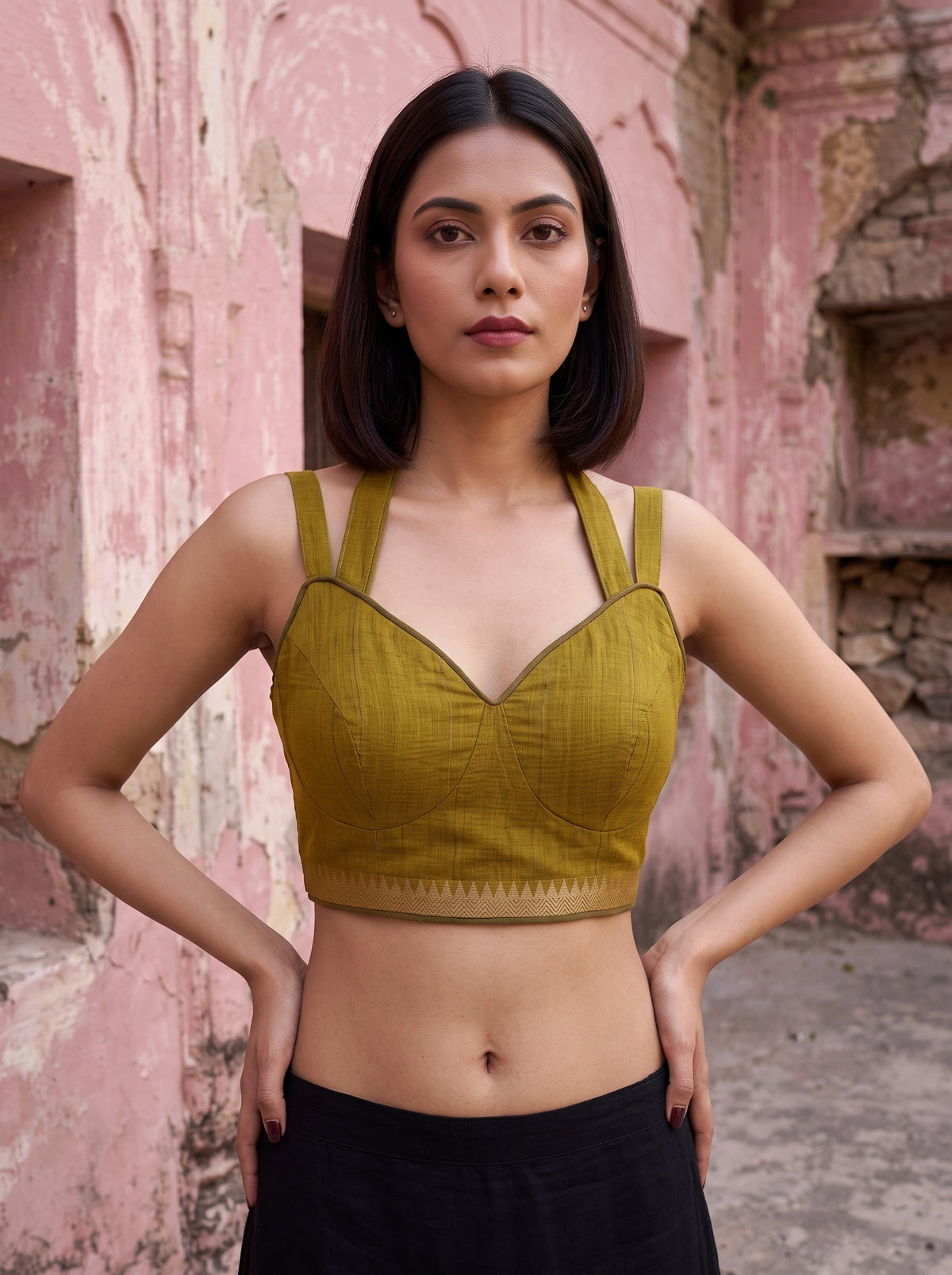 MIMOSA Mustard Maheshwari Cotton Cotton Saree — blouse close-up