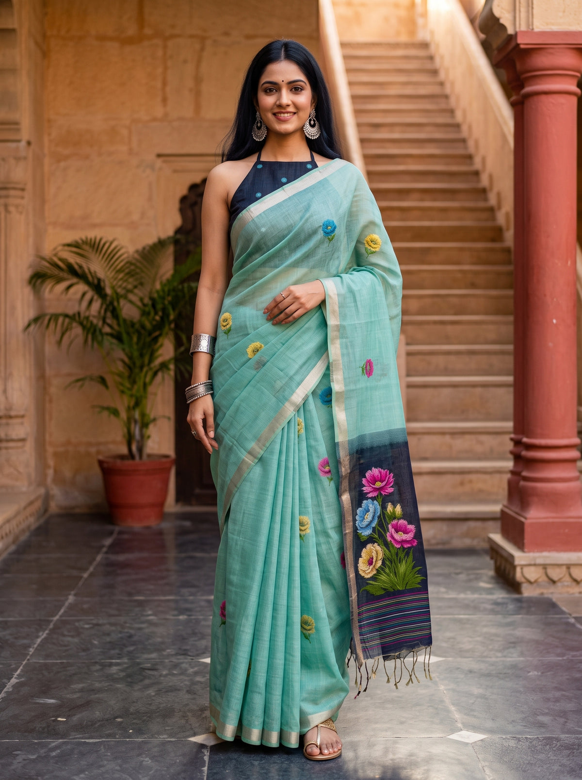MIMOSA Blue Bhagalpuri Cotton Saree — front view on mannequin