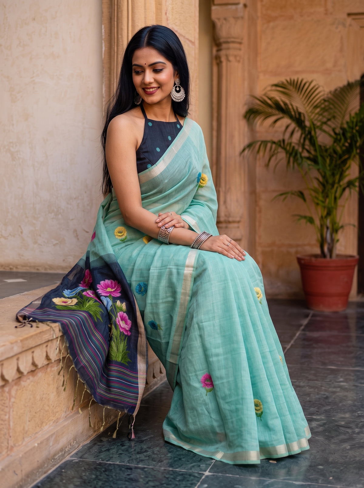 MIMOSA Blue Bhagalpuri Cotton Saree — pose 8 styling detail