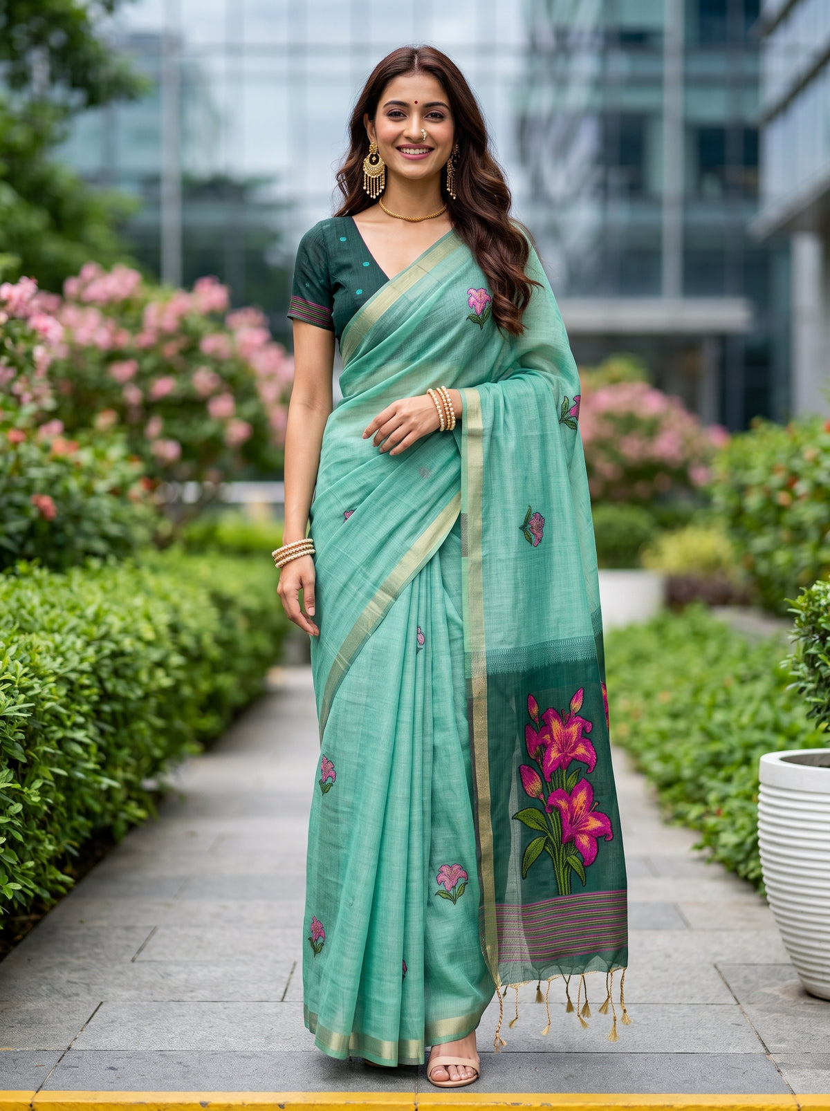 MIMOSA Rama Bhagalpuri Cotton linen Saree — front view on mannequin