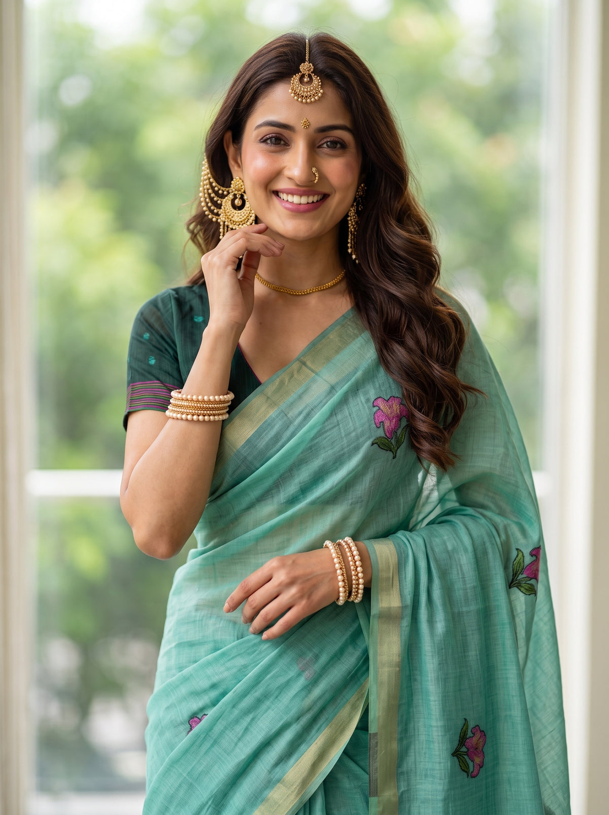 MIMOSA Rama Bhagalpuri Cotton linen Saree — pose 10 styling detail