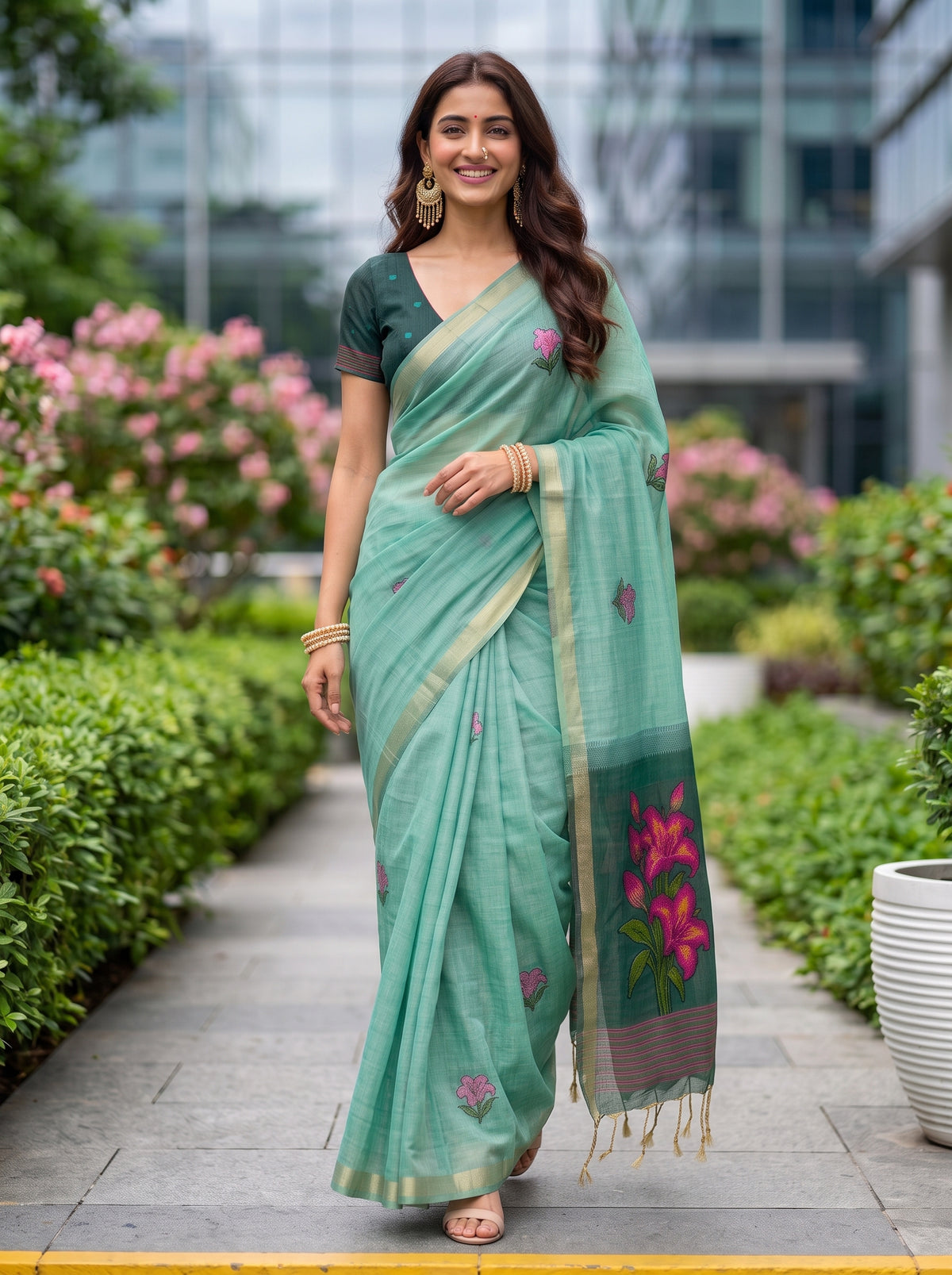 MIMOSA Rama Bhagalpuri Cotton linen Saree — pose 6 styling detail
