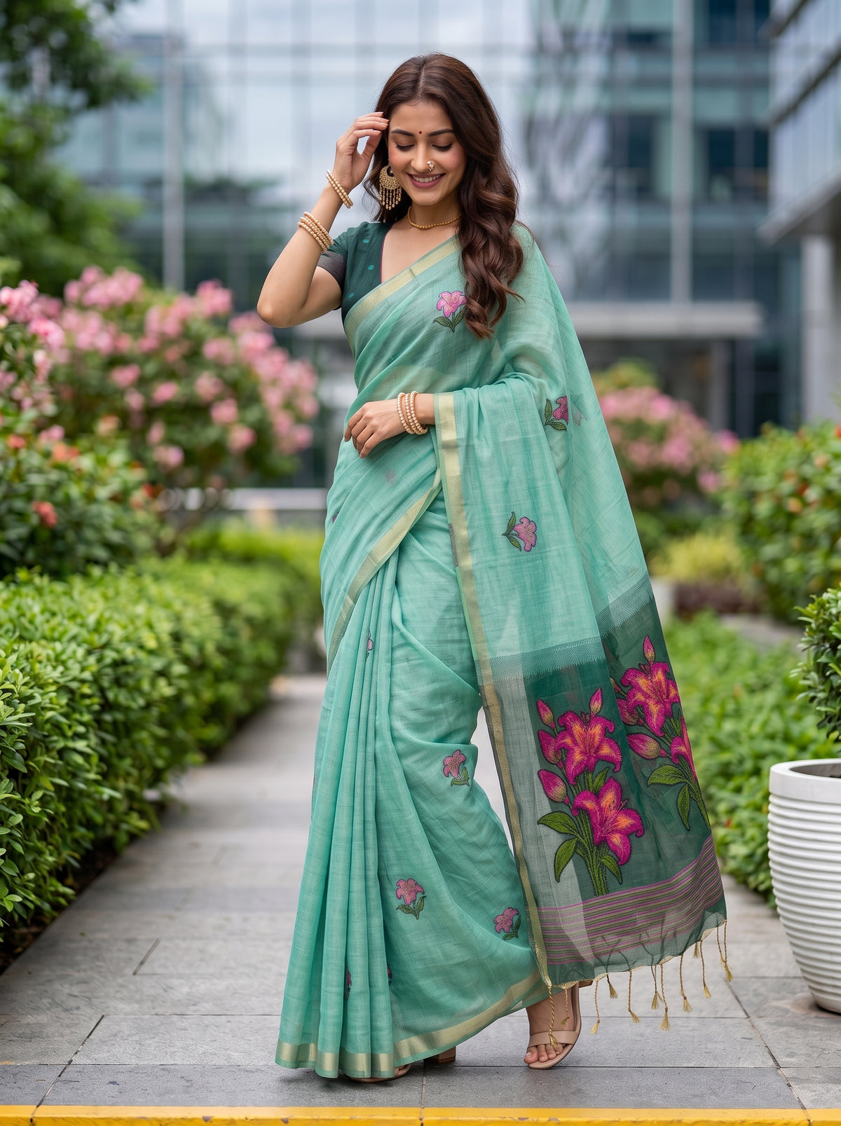 MIMOSA Rama Bhagalpuri Cotton linen Saree — pose 9 styling detail