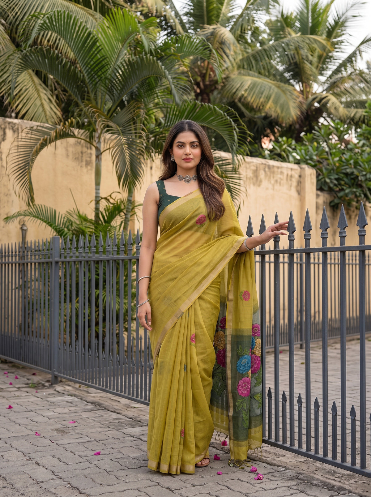 MIMOSA Olive Bhagalpuri Cotton linen Saree — pose 10 styling detail