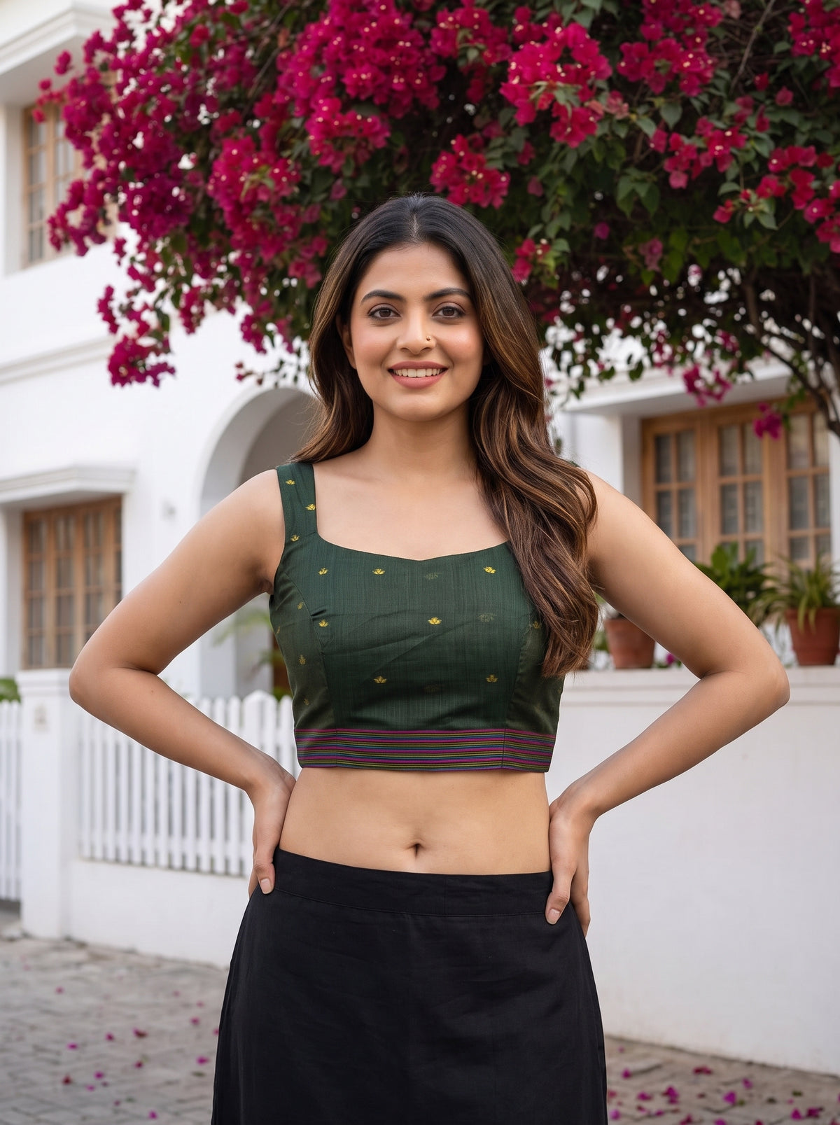 MIMOSA Olive Bhagalpuri Cotton linen Saree — blouse close-up