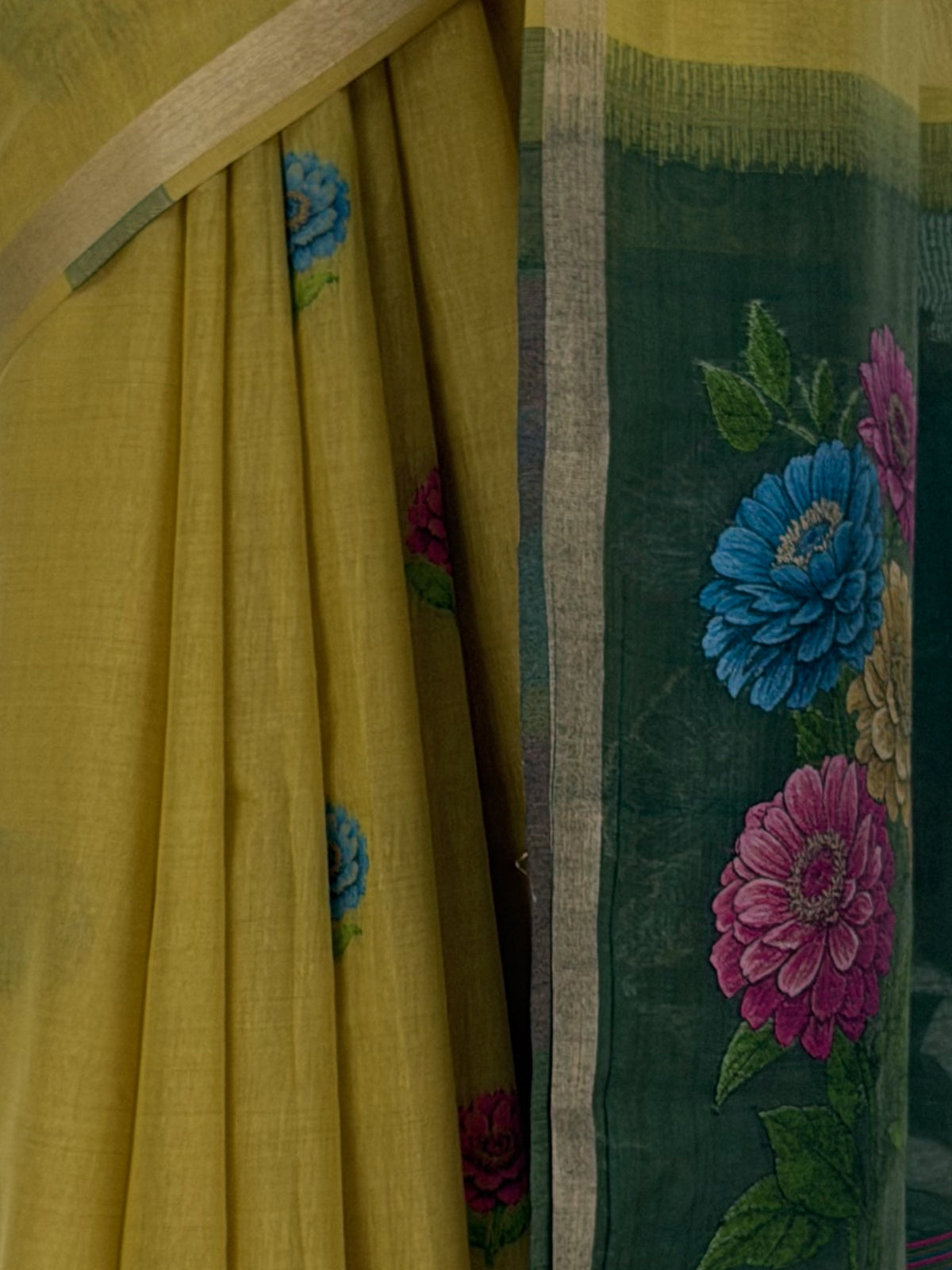 MIMOSA Olive Bhagalpuri Cotton linen Saree — fleets shot full lifestyle