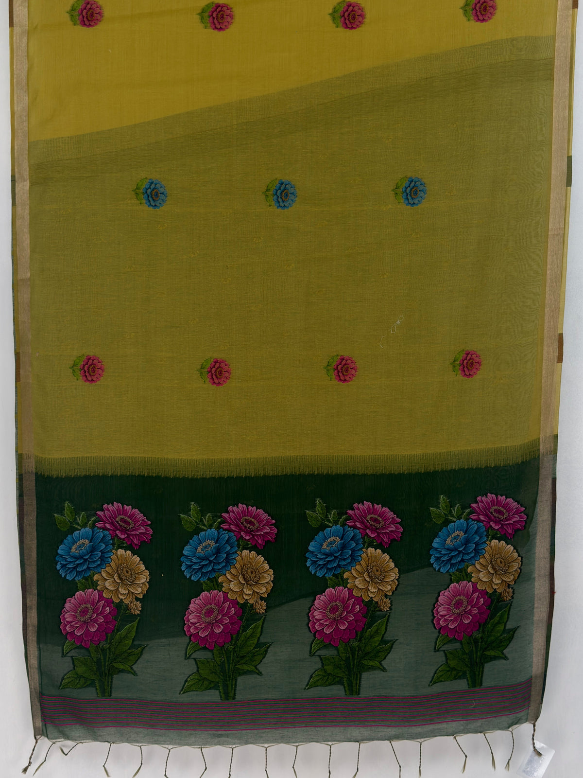 MIMOSA Olive Bhagalpuri Cotton linen Saree — pallu and zari work detail