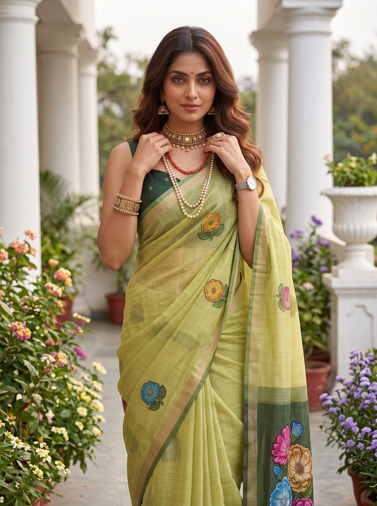 MIMOSA Olive Bhagalpuri Cotton linen Saree — close-up of hand with clutch